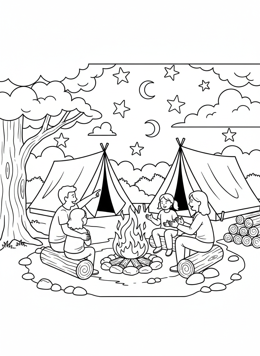A family gathering around a campfire telling stories under the stars, with simple tent shapes in background, warm community scene for coloring