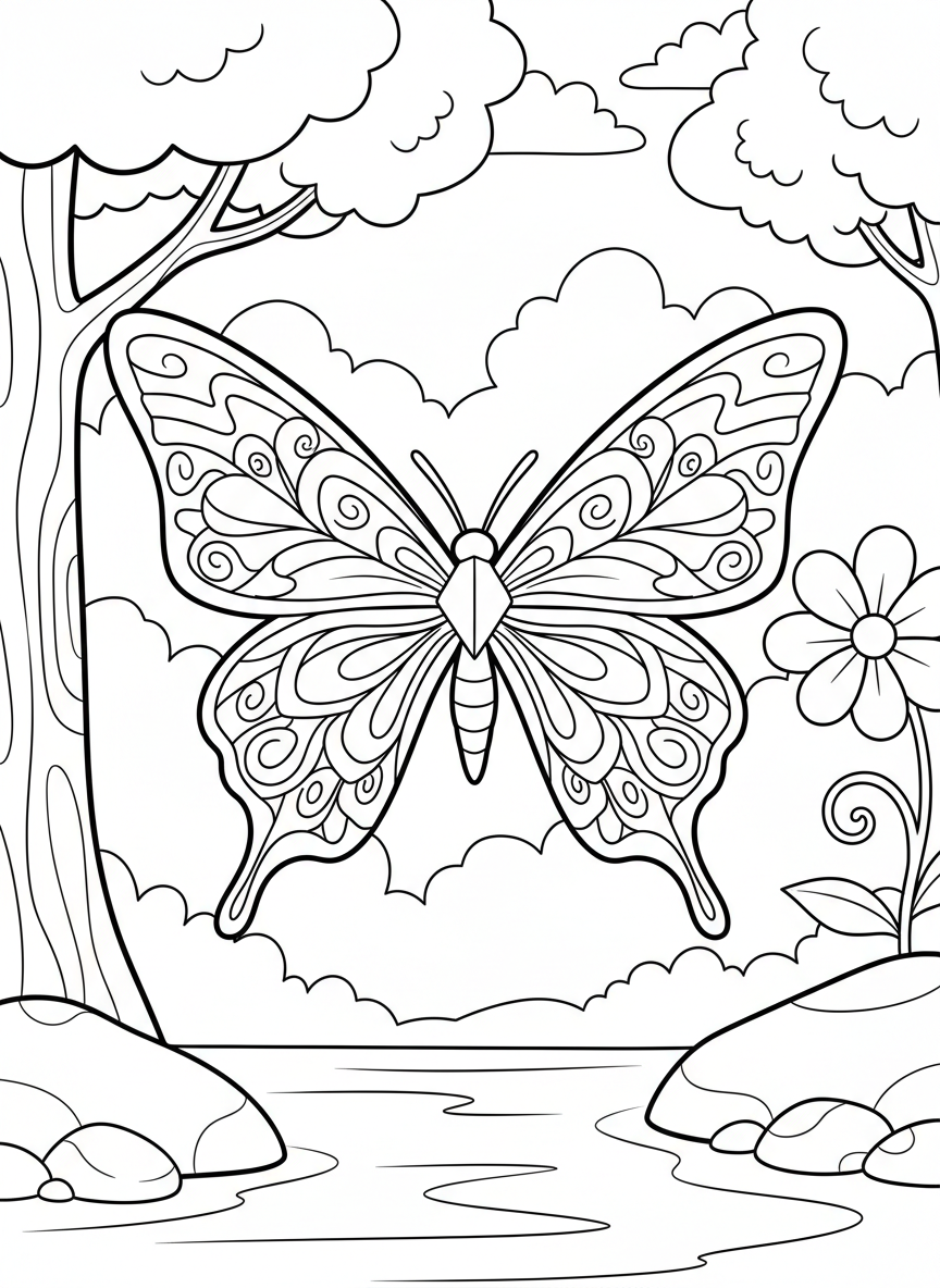 Origami butterfly hair clip with symmetrical wings and antennae, shown open and ready to color with intricate wing patterns.
