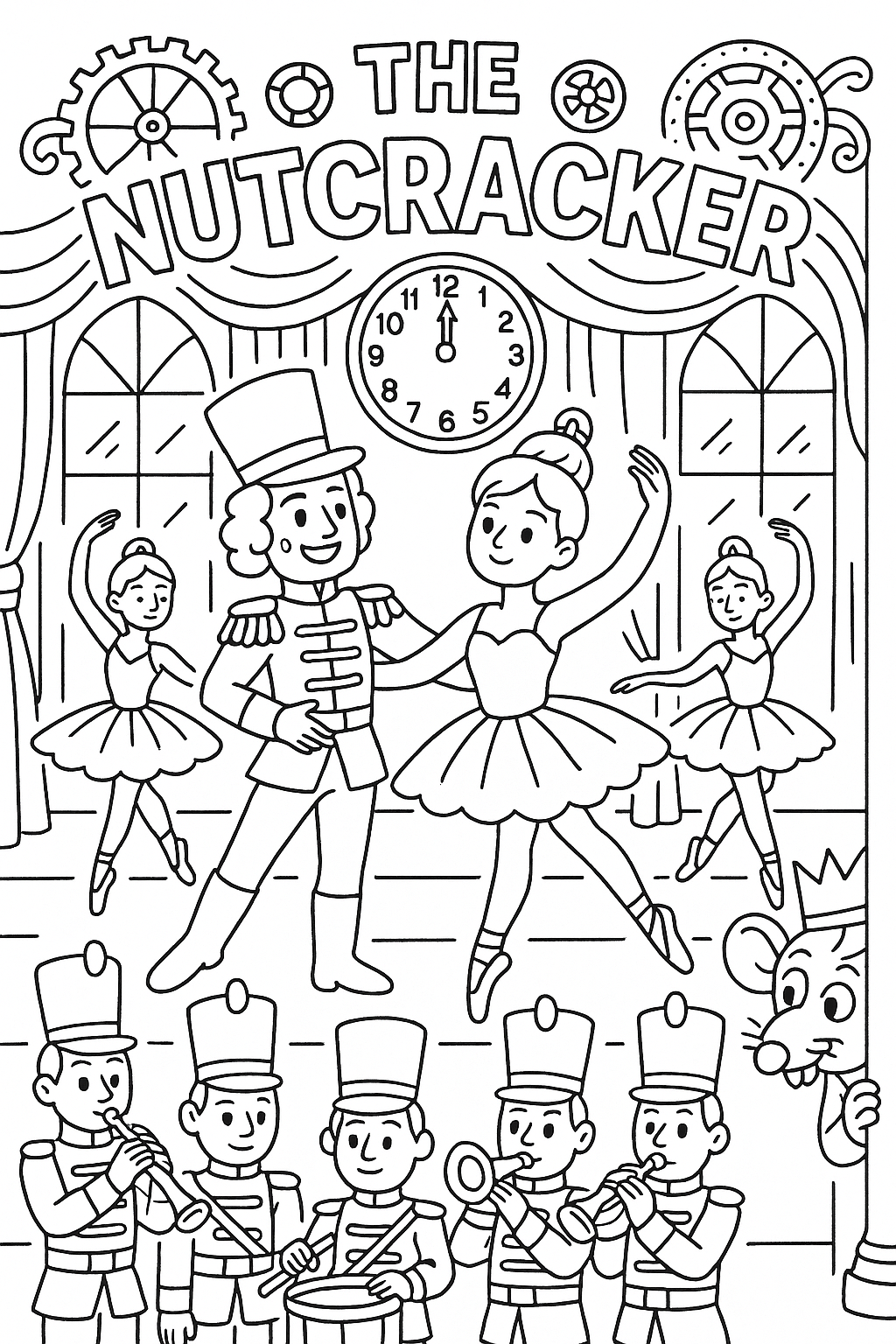 Nutcracker prince ballroom scene, dancing sugar plum fairies, toy soldiers orchestra, mouse king peeking, clockwork decorations, thick line art, classic Christmas ballet