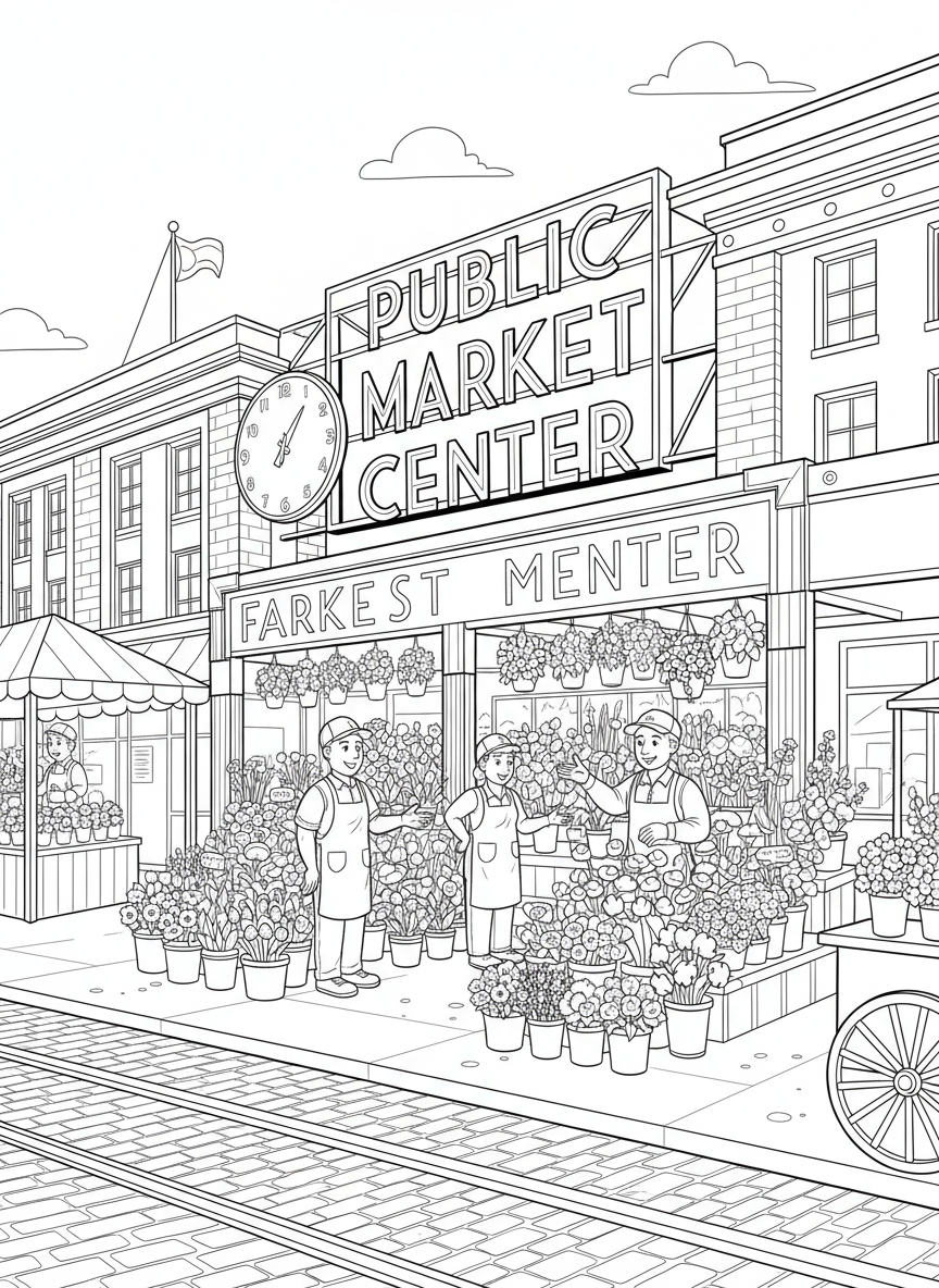 Pike Place Market entrance with the famous neon sign, flower stalls, and friendly vendors, detailed line art coloring page.