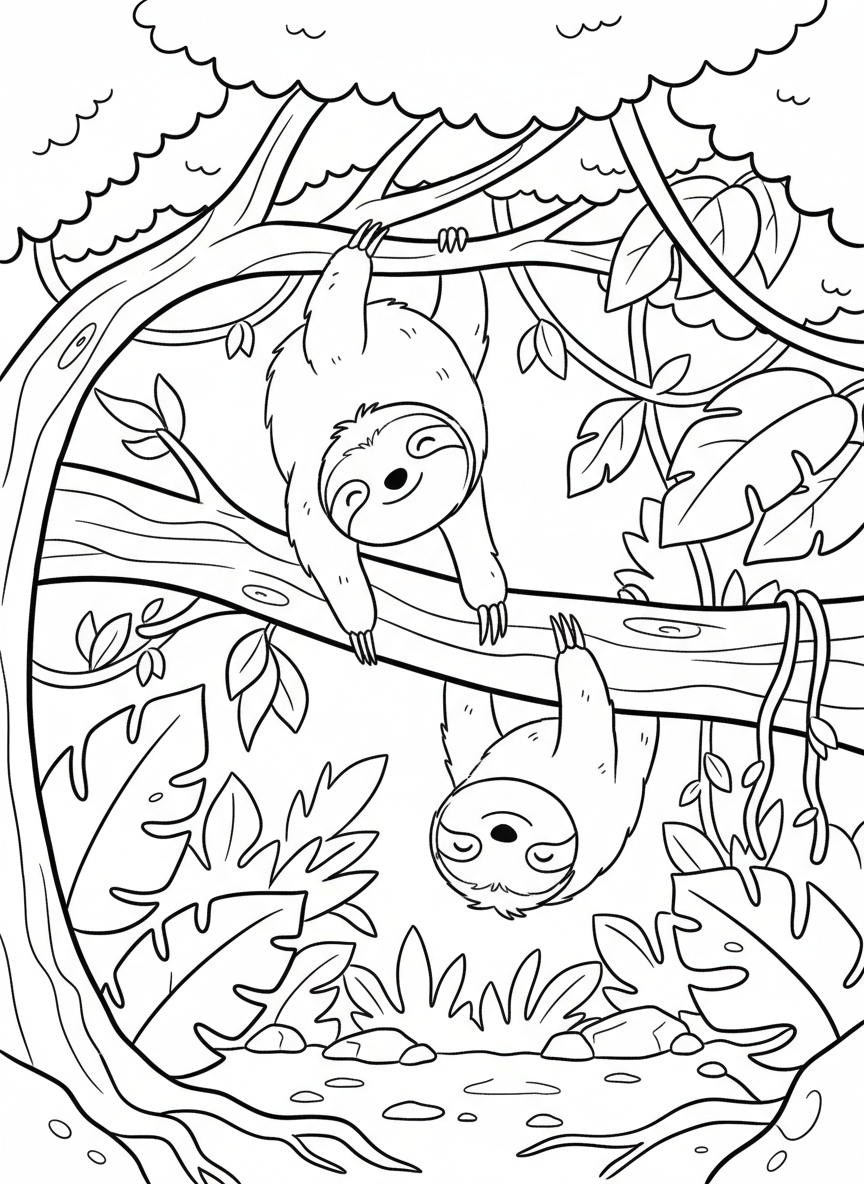 Two baby sloths playing on a branch, one hanging by its arms and one by its legs, simple and adorable