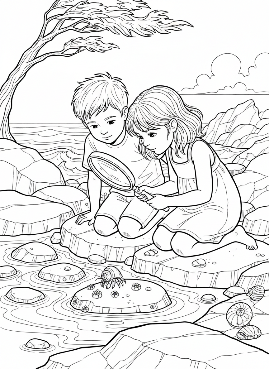 Two children sharing a magnifying glass to look at a tiny hermit crab, both kneeling by tide pool rocks