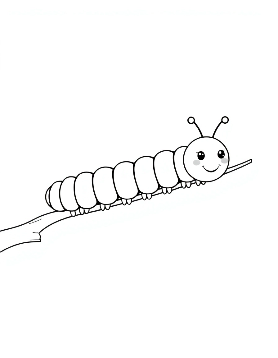 A long, segmented caterpillar with a happy face, crawling along a twig.