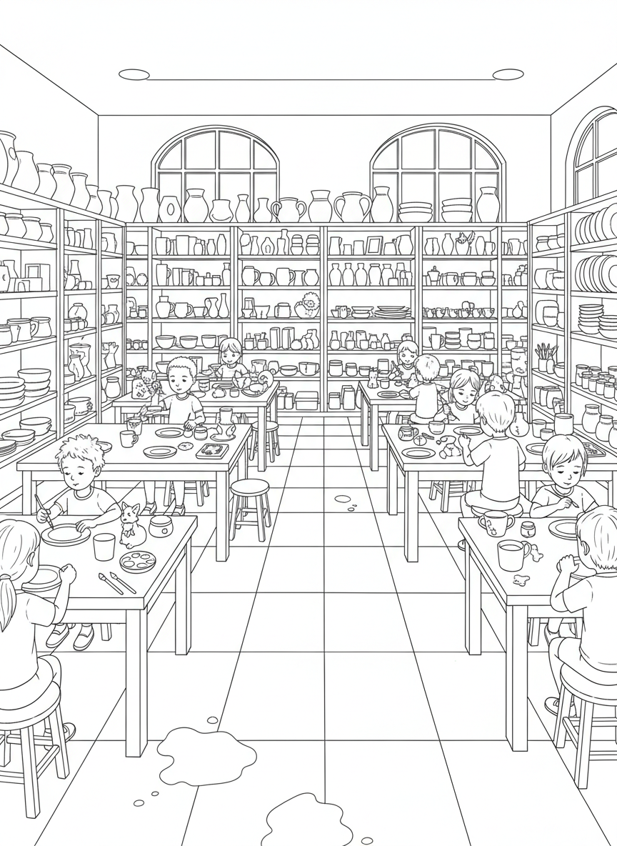 Wide view of a pottery painting studio with multiple tables, shelves full of ceramic shapes, and kids working on different projects.