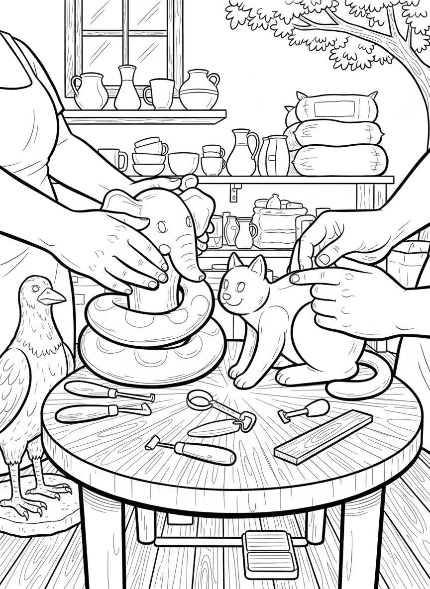 Close-up of hands molding and shaping colorful clay into fun animal figures on a pottery workspace with sculpting tools.