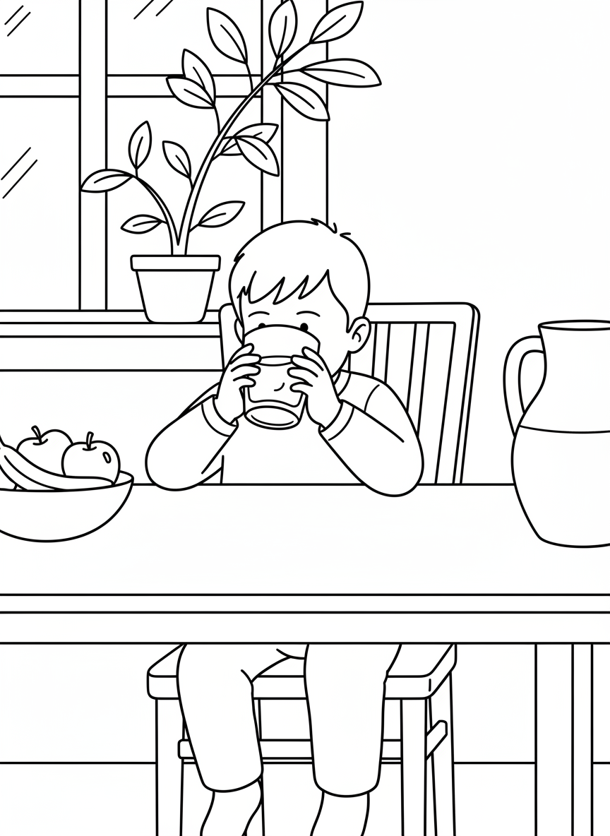 A child drinking a glass of orange juice or water, holding cup with both hands, kitchen or dining table setting