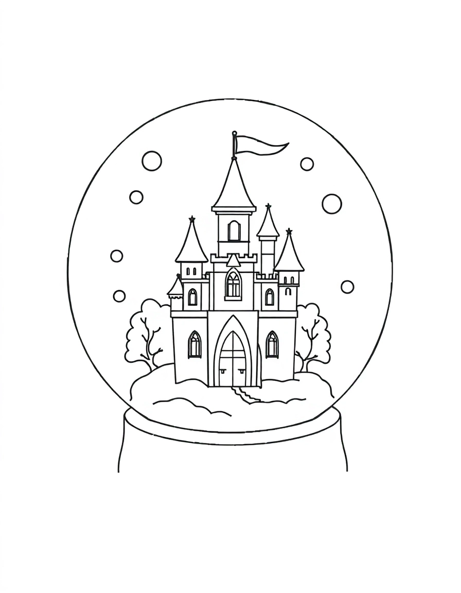 snow globes: Castle in the Glass: A rounded snow globe containing a tiny, whimsical fairy tale castle with turret flags waving.
