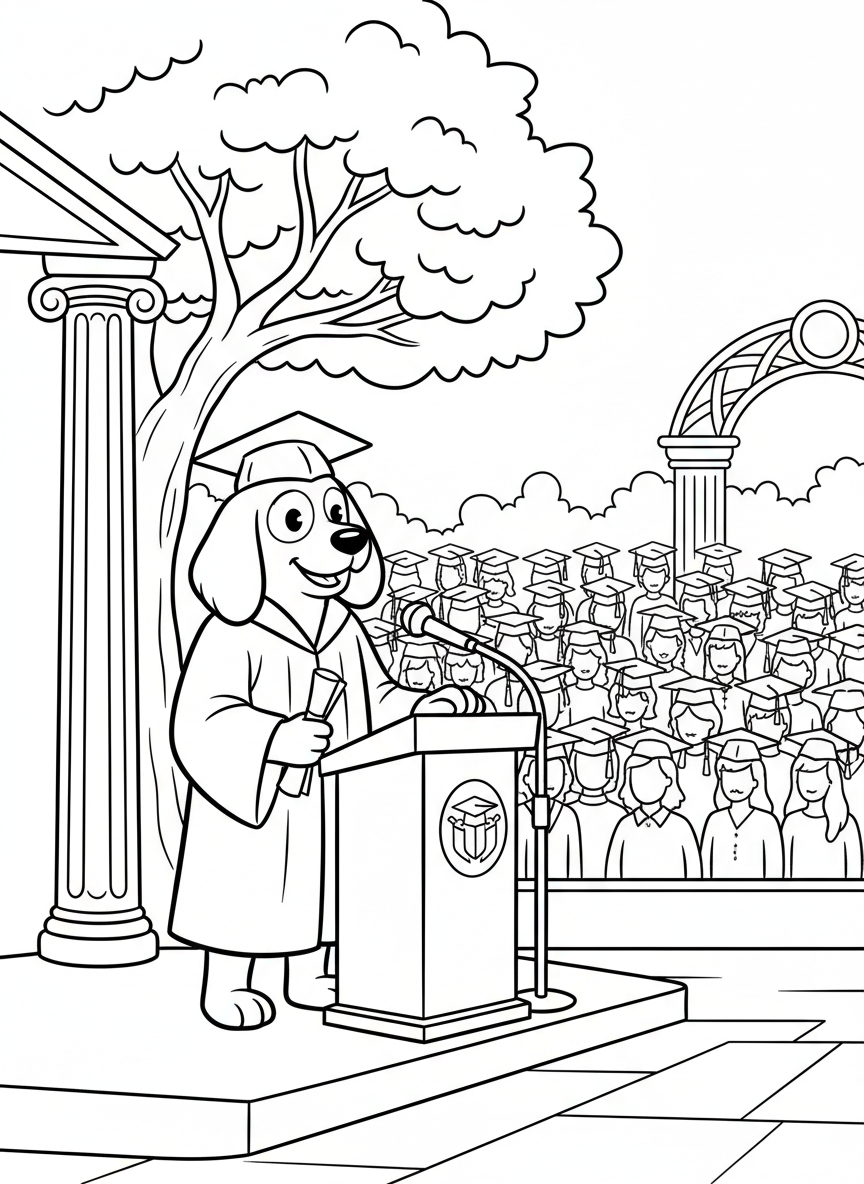 A simple graduation scene with a single graduate dog standing at a microphone giving a speech, with an audience silhouette behind.