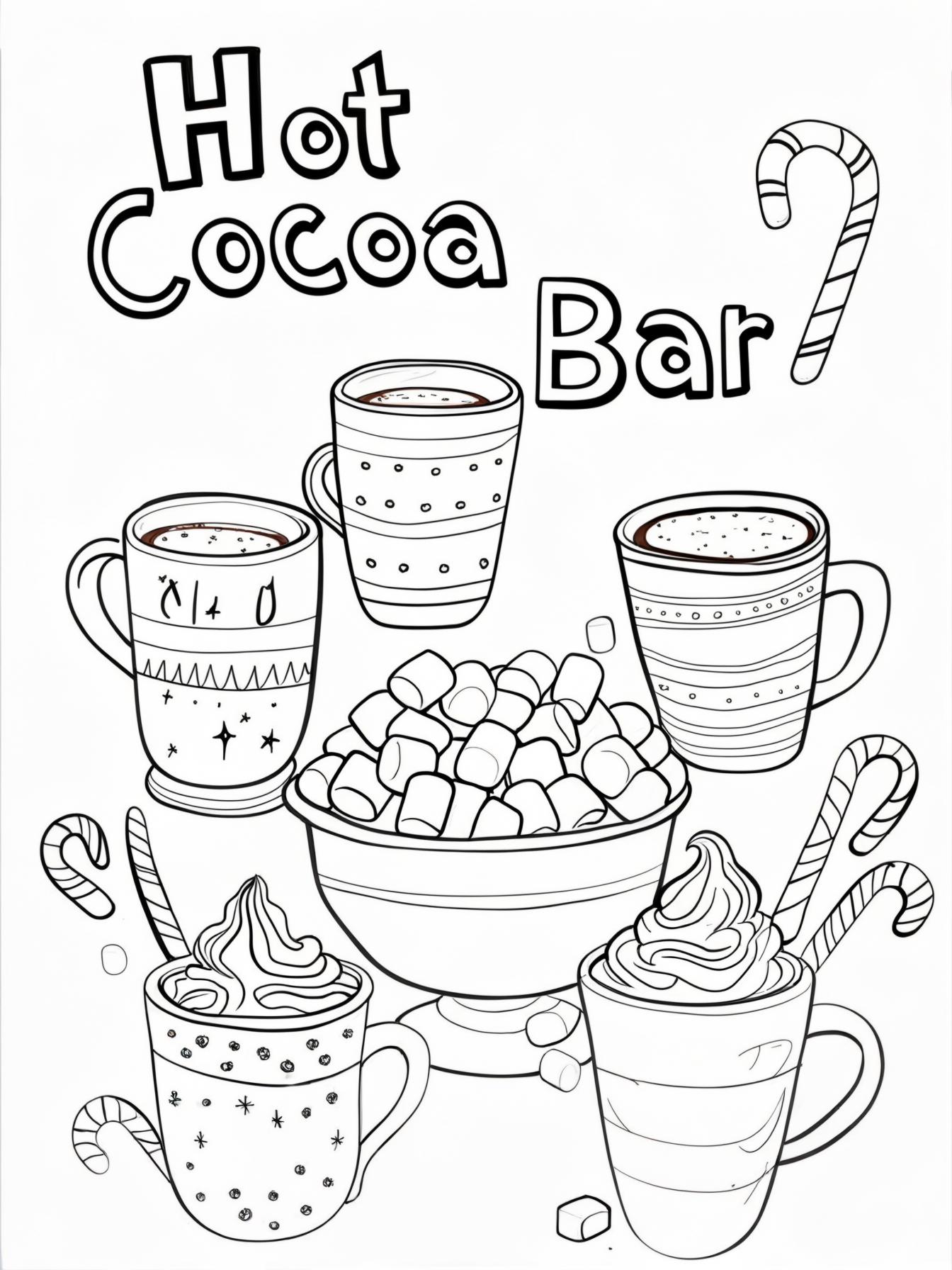 Hot Cocoa Bar: A charming setup of a "hot cocoa bar" with various mugs, marshmallows overflowing from a bowl, whipped cream, and candy canes.