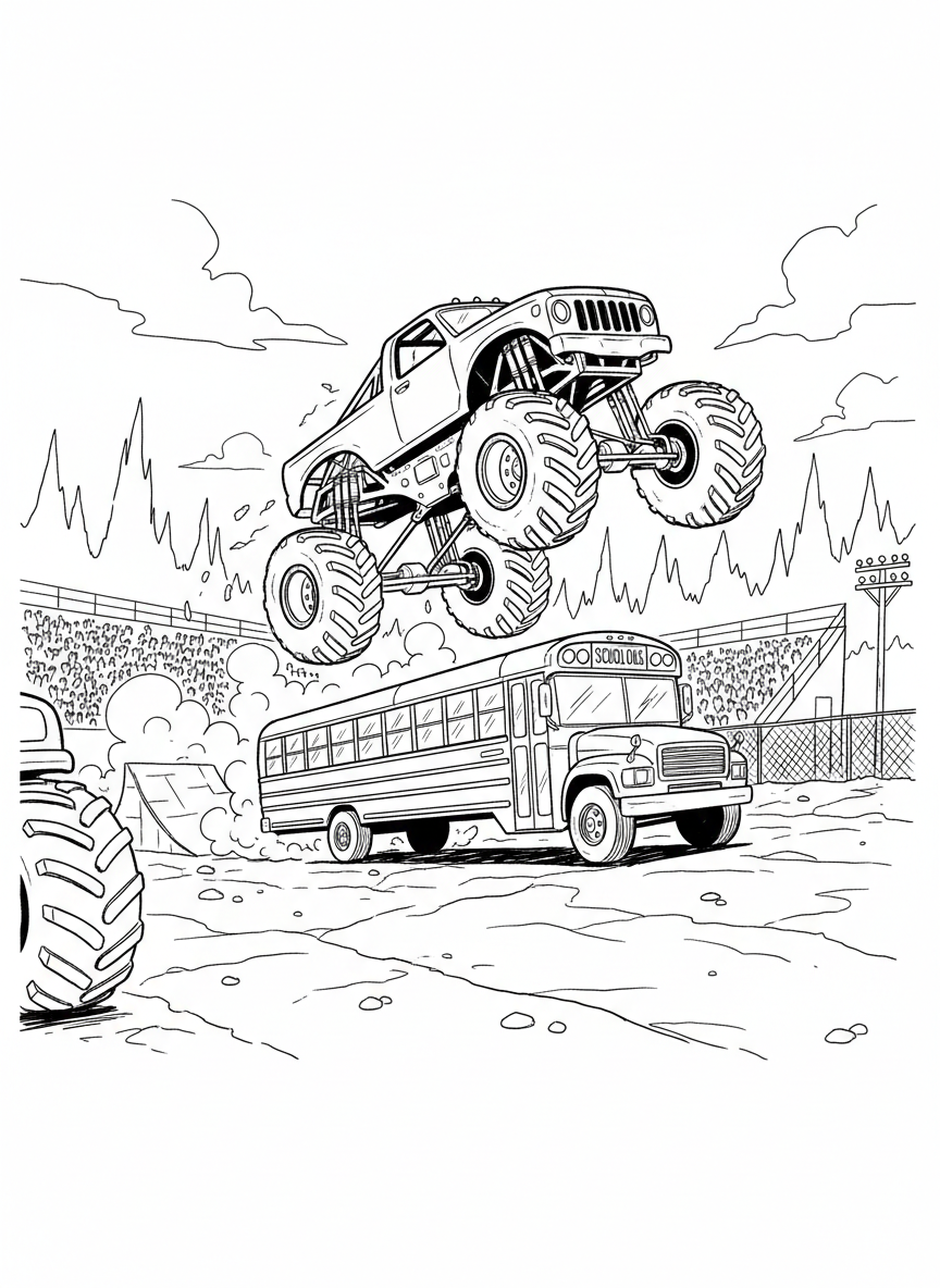 A monster truck mid-jump over a school bus, showing the height and power of the vehicle