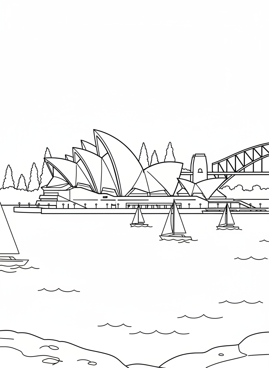 The Sydney Opera House with its distinctive shell-shaped roof beside the harbor with a few sailboats in the water.