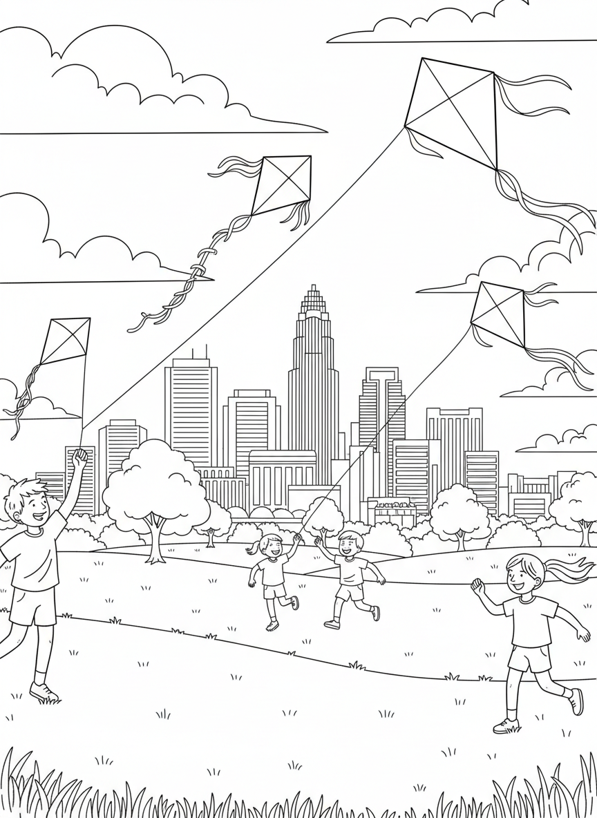 Children flying kites in a wide open park field with the Charlotte skyline visible on the horizon and fluffy clouds above.