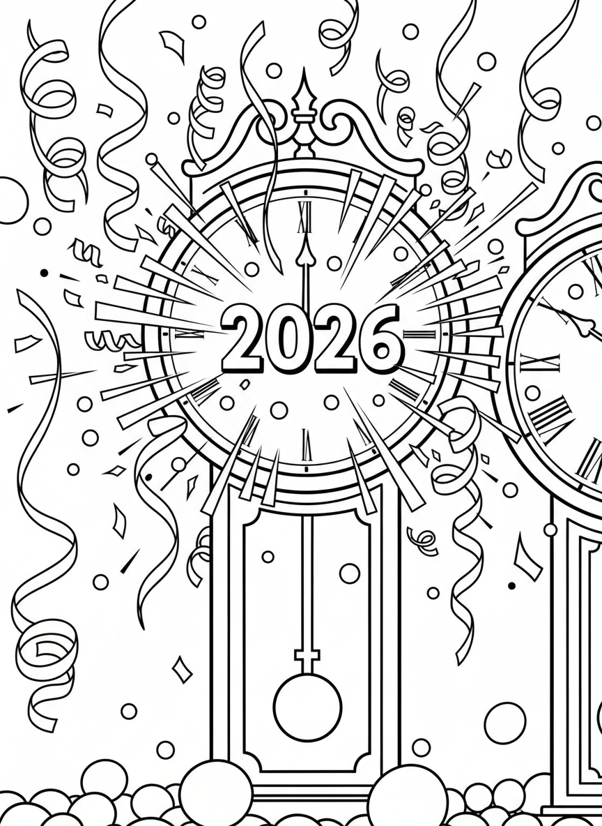 A giant clock showing midnight with '2026' emerging from the center, surrounded by streamers and confetti in a New Year's countdown moment.