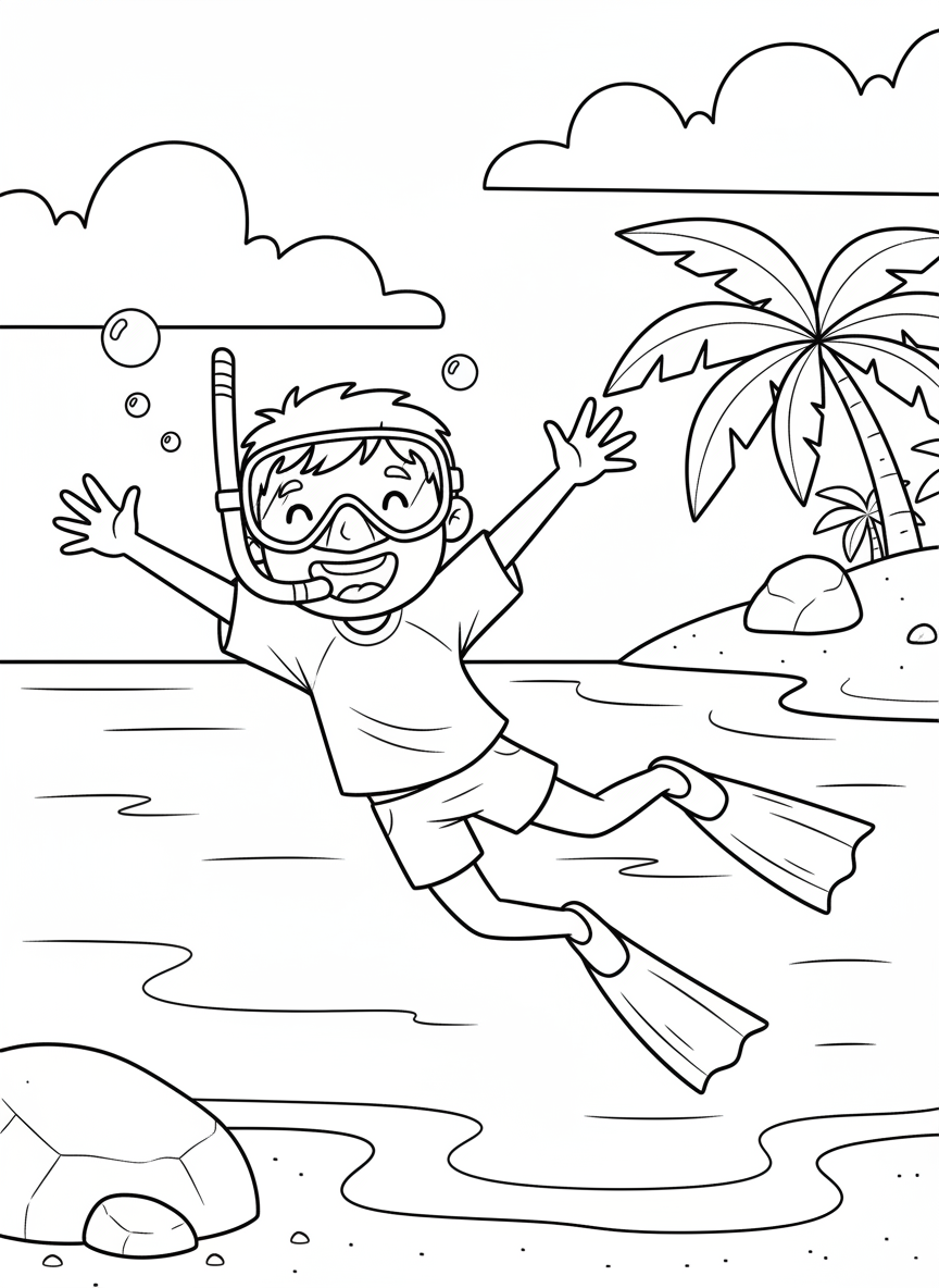 A smiling child wearing a snorkel mask and fins, floating on the water surface with arms outstretched, simple line art for young colorists