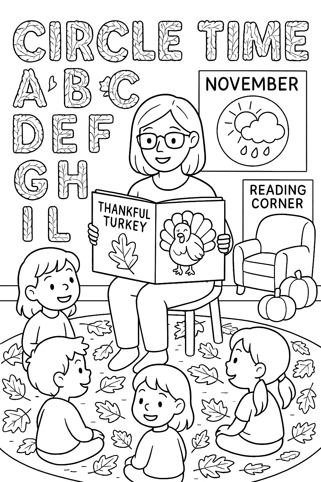 Circle time on autumn themed carpet with teacher holding giant storybook about thankful turkey, alphabet letters made from fall leaves on wall, weather chart showing November, cozy reading corner with pumpkin pillows