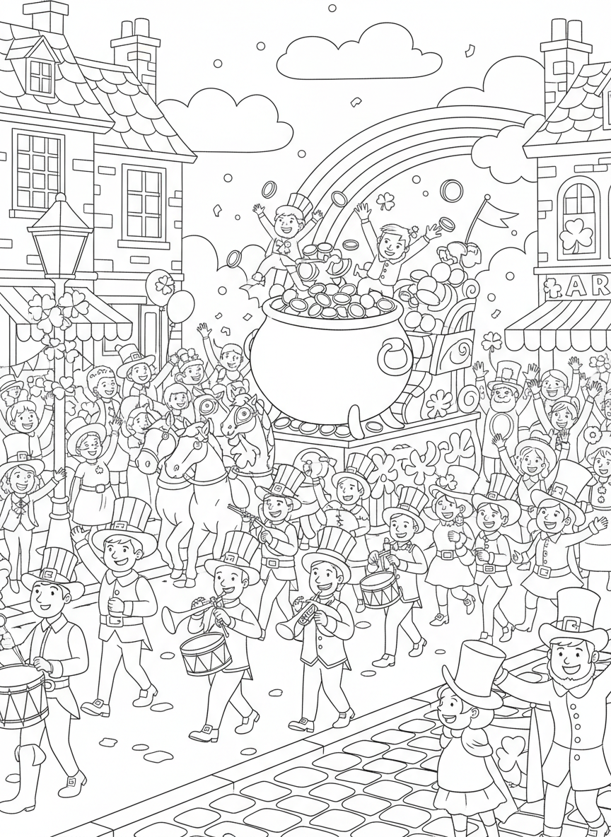 Saint Patrick Parade coloring page prompts featuring marching bands, festive floats, green costumes, and lively crowds.	A Saint Patrick’s Day parade moving down a city street, marching bands playing as green-clad spectators cheer from the sidewalks.
