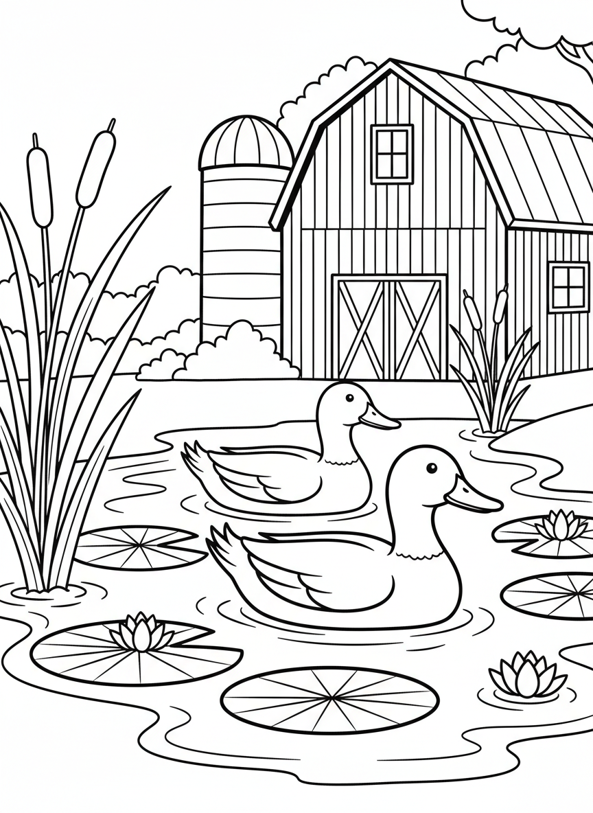 Two ducks swimming in a small pond with cattails and lily pads, near a red barn.