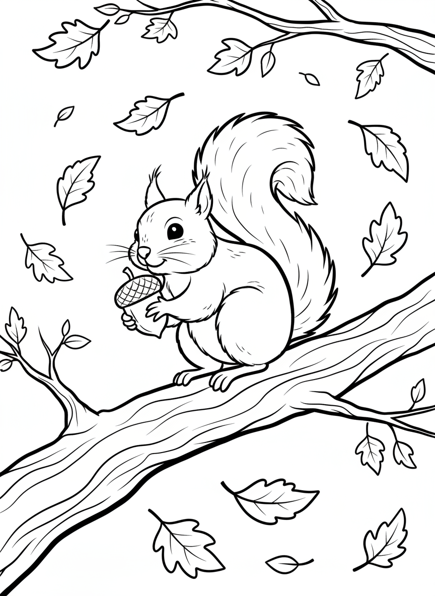 A playful squirrel holding an acorn while sitting on a tree branch surrounded by falling autumn leaves.
