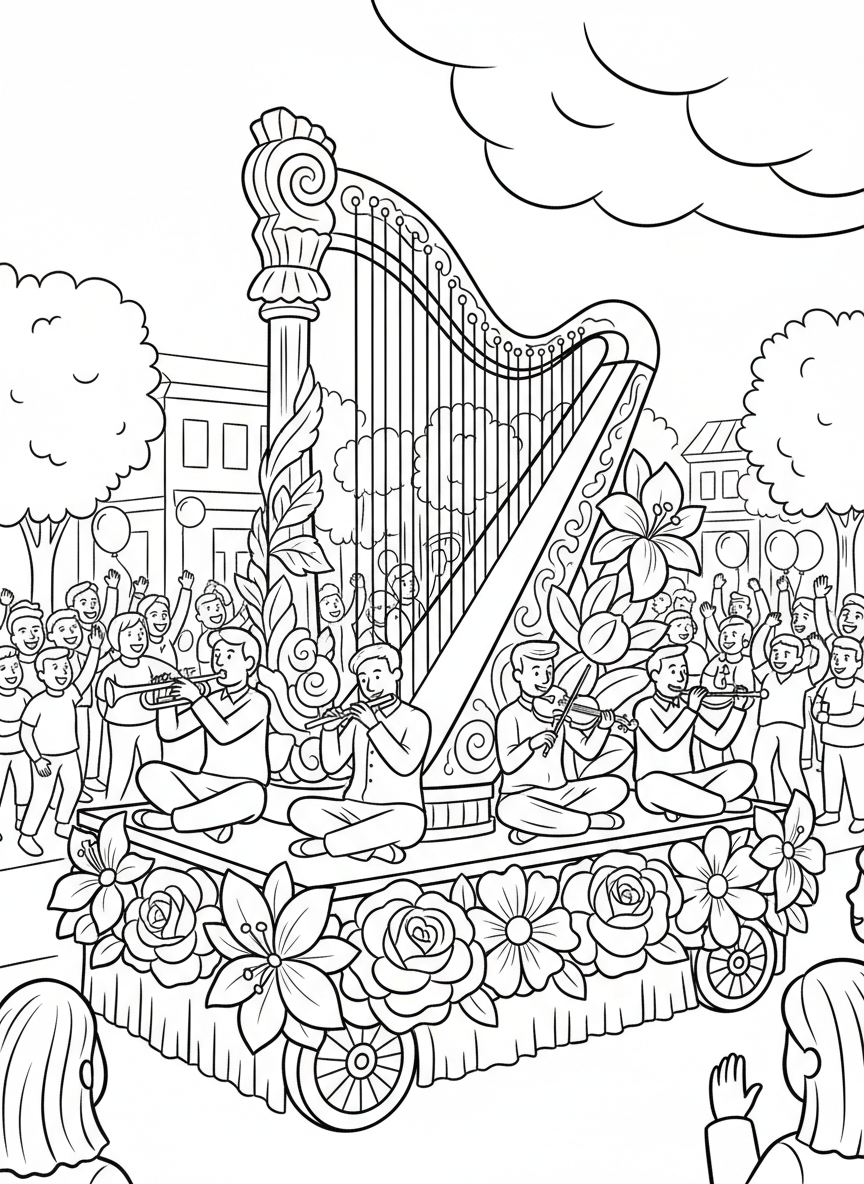 A parade float featuring a large harp surrounded by flowers, with musicians sitting around it playing instruments.