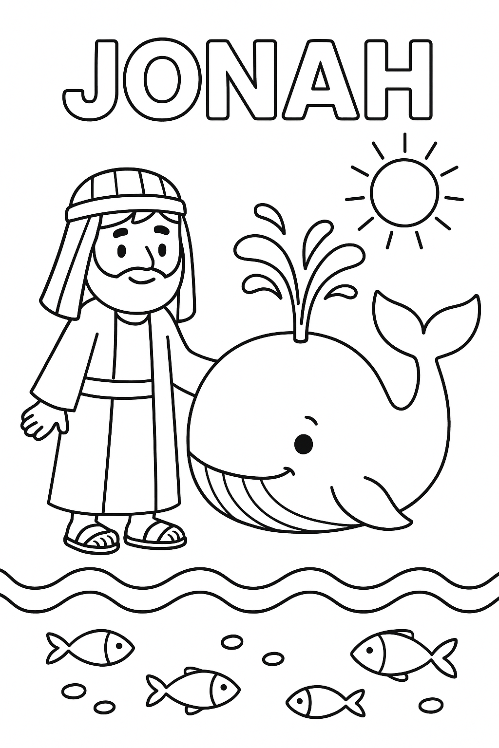 Show Jonah standing near a big friendly whale spraying water. Add waves, fish, and a sun in corners.