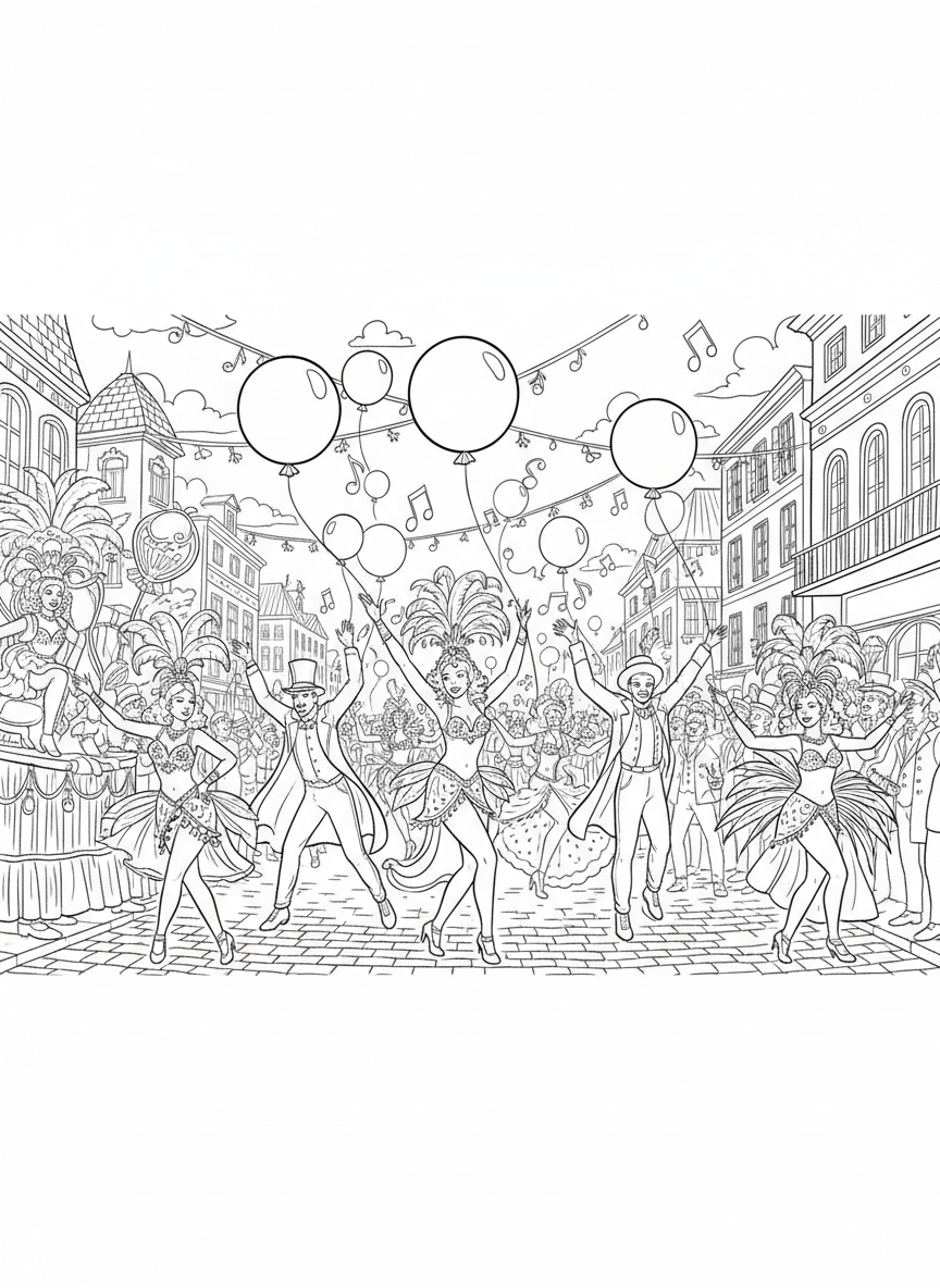 A wide scene of a carnival parade with multiple dancers, floating balloons, streamers crisscrossing overhead, and musical notes in the air.