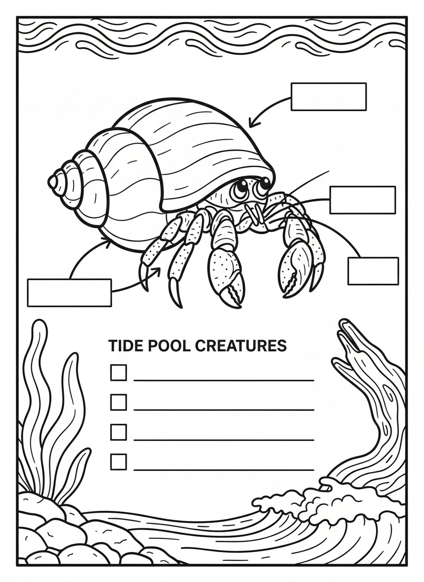 A discovery log page featuring a hermit crab illustration with arrows pointing to body parts, blank labels, and a checklist of tide pool creatures