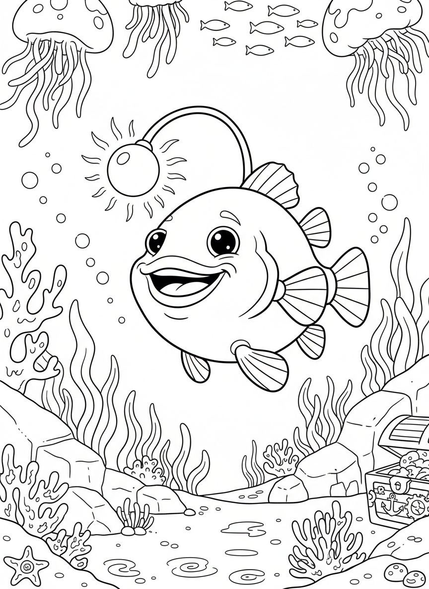A cute anglerfish with a glowing lure dangling from its head, big round eyes, and a smiling expression swimming near the ocean floor.