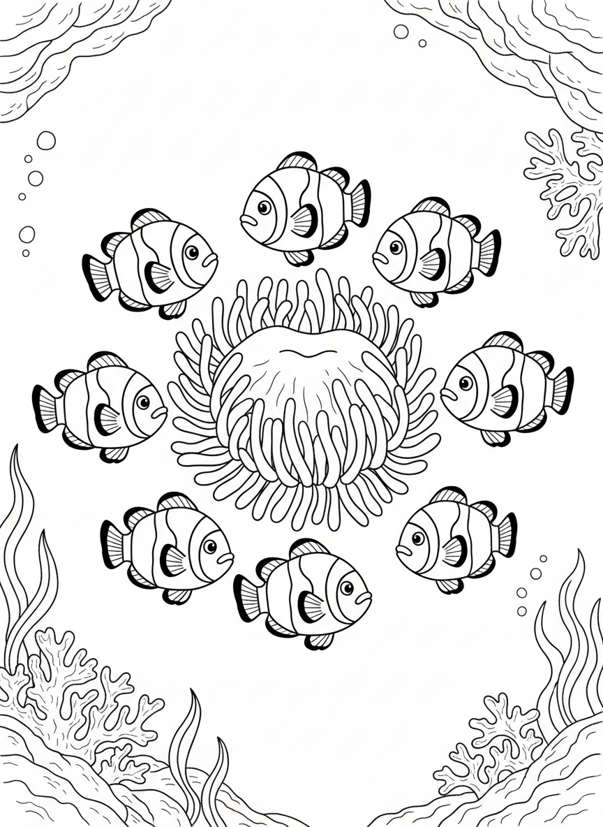 Underwater scene with exactly 9 colorful clownfish swimming around a simple anemone, arranged in a circular pattern for counting.