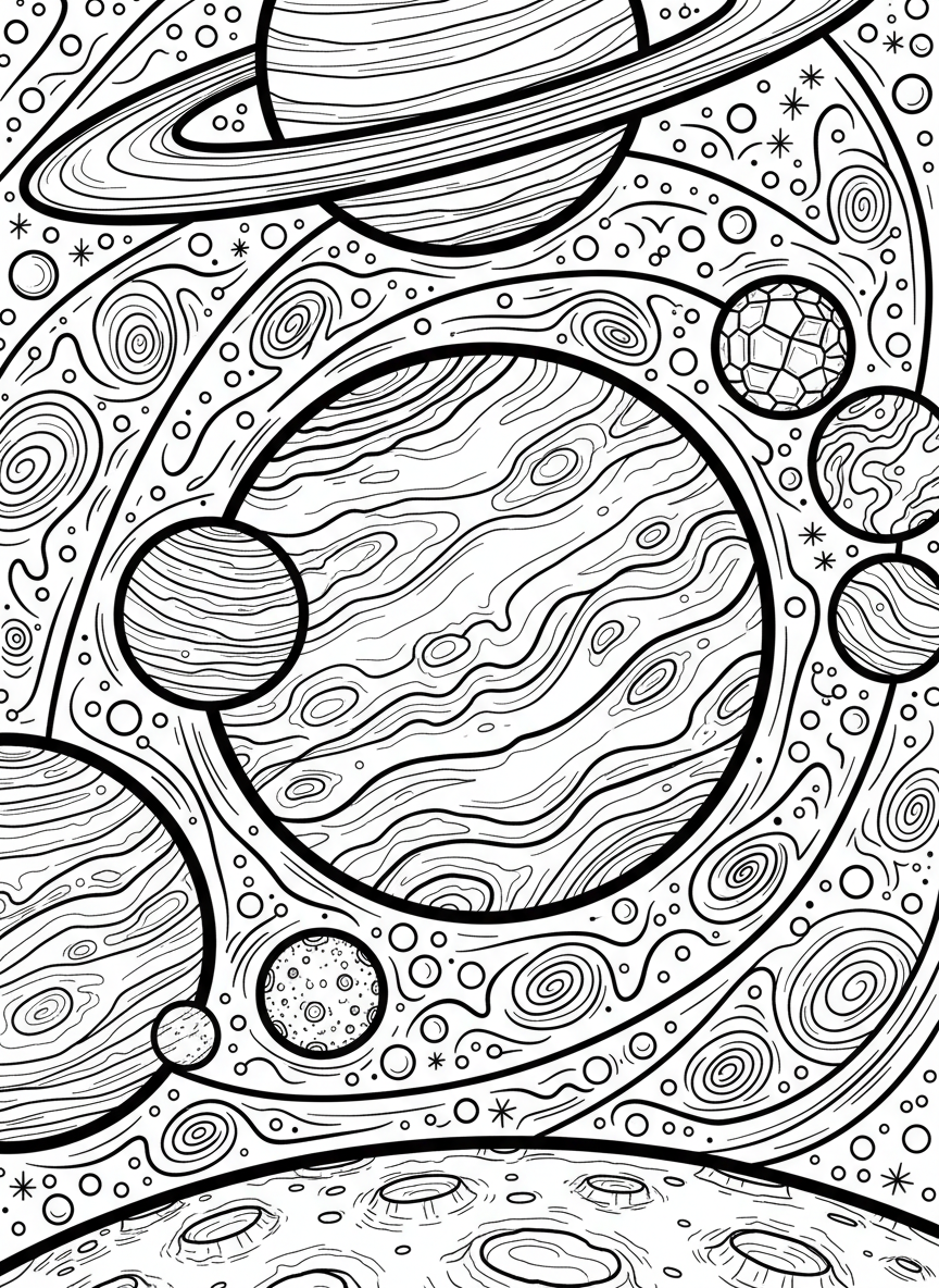 A group of diverse planets of different sizes arranged in a solar system pattern, each with unique surface details and patterns