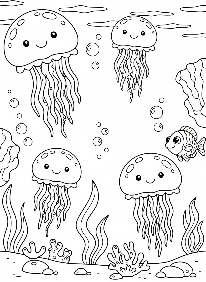 Underwater coloring page featuring exactly 4 friendly jellyfish floating at different heights with wavy tentacles, simple line art for preschoolers.