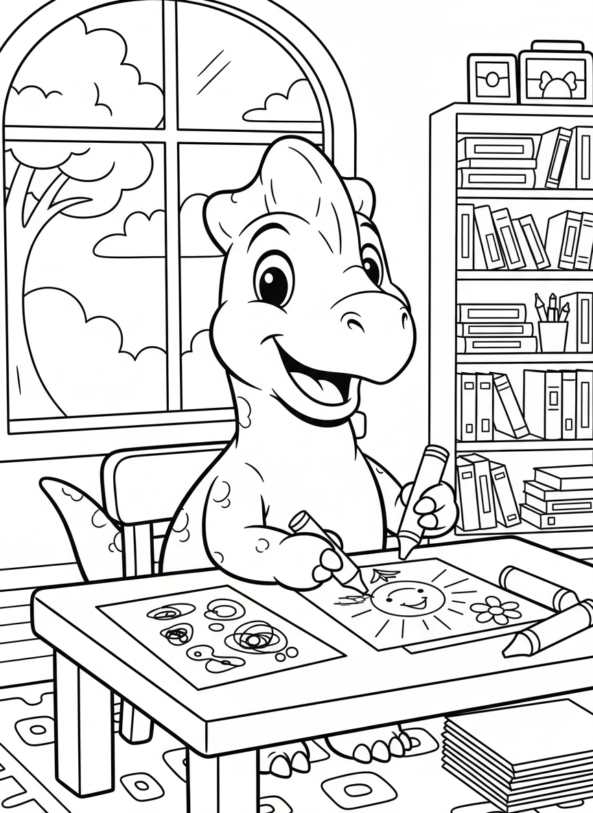 A smiling Corythosaurus sitting at a desk with crayons and paper, creating art, encouraging creative play