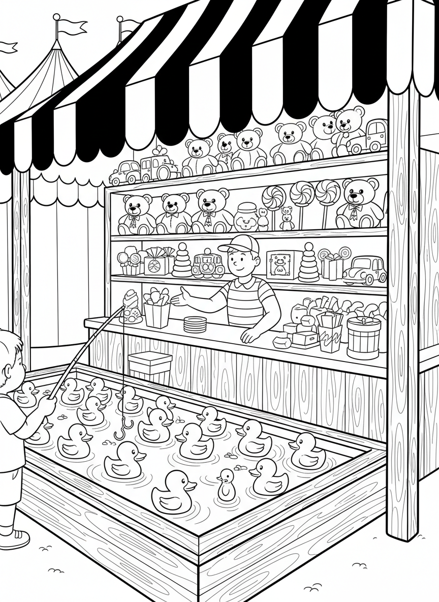 A carnival duck pond game with floating rubber ducks, prizes on shelves, and a game attendant booth.