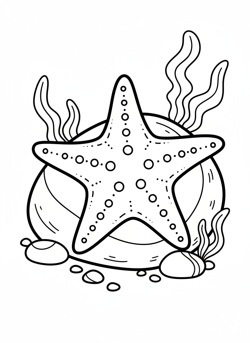 A large starfish with five arms resting on a smooth rock, surrounded by small pebbles and seaweed strands, simple line art for young children.