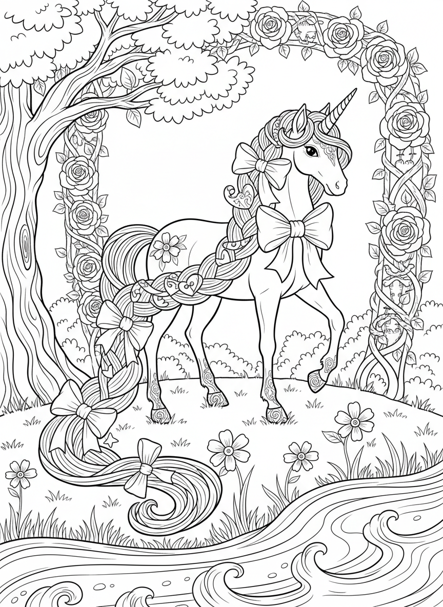 A unicorn with an extra-long decorative mane braided with ribbons and bows, standing proudly, detailed design for older kids