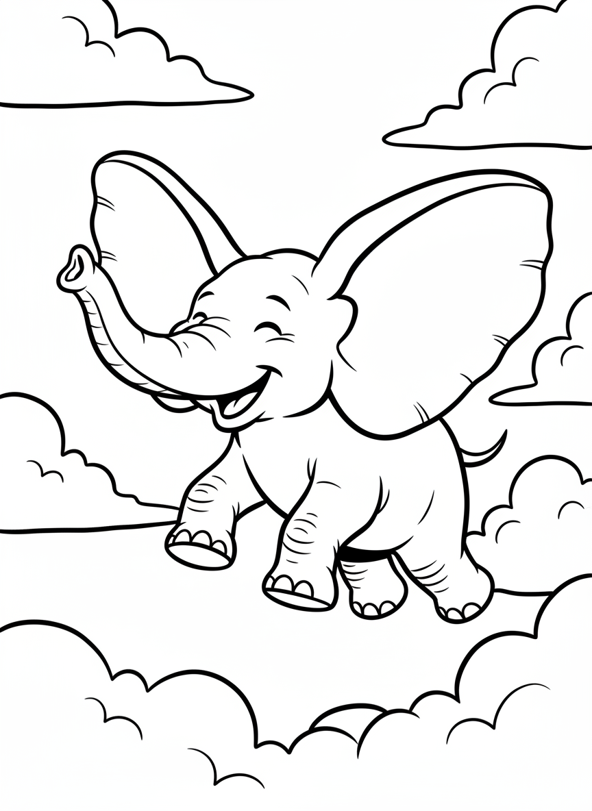 An elephant with large ears flying through clouds using his ears as wings, looking happy and confident