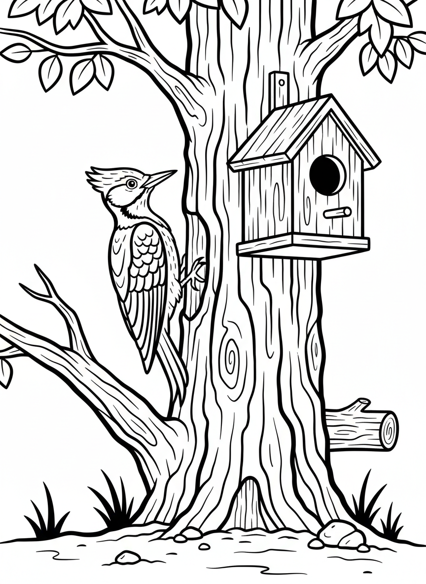 A woodpecker clinging to a tree trunk next to a natural wood birdhouse, showing detailed feather patterns