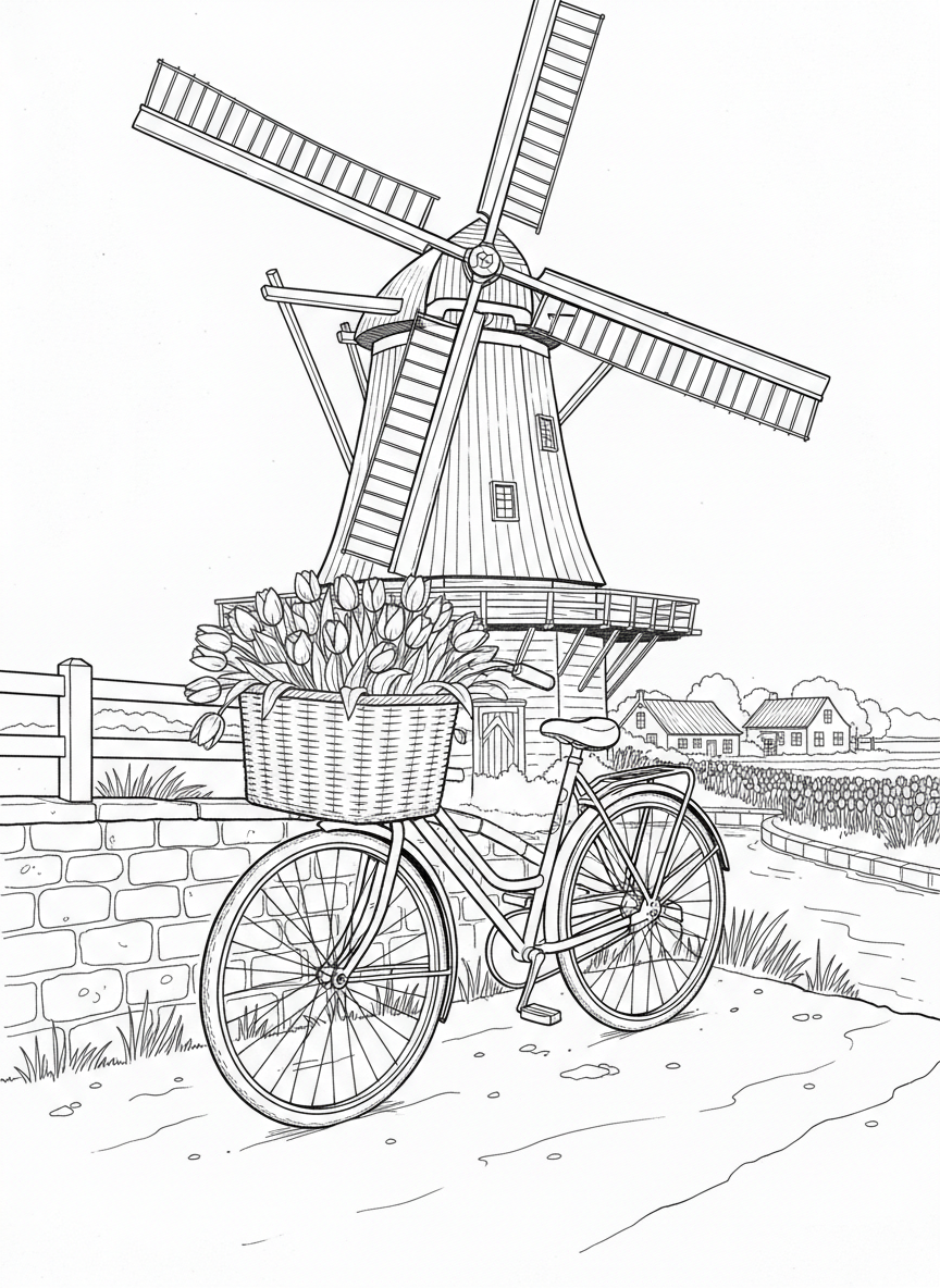 A bicycle leaning against a windmill with a basket full of tulips, showing Dutch countryside charm and culture.