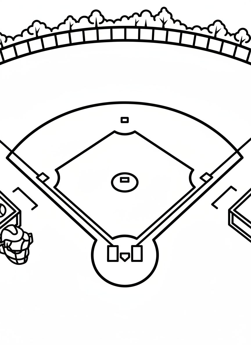 A baseball diamond viewed from above showing all the bases, pitcher's mound, and outfield grass with simple geometric shapes and clean lines.