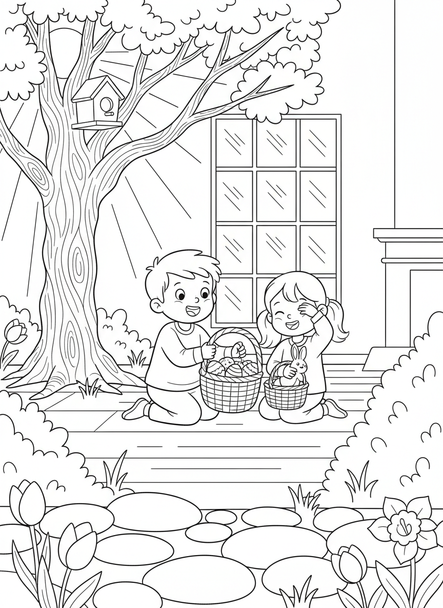 Easter Sunday Morning coloring page prompts capturing calm beginnings, family traditions, and fresh spring light.	Children waking early to check baskets, excitement mixing with quiet morning calm.