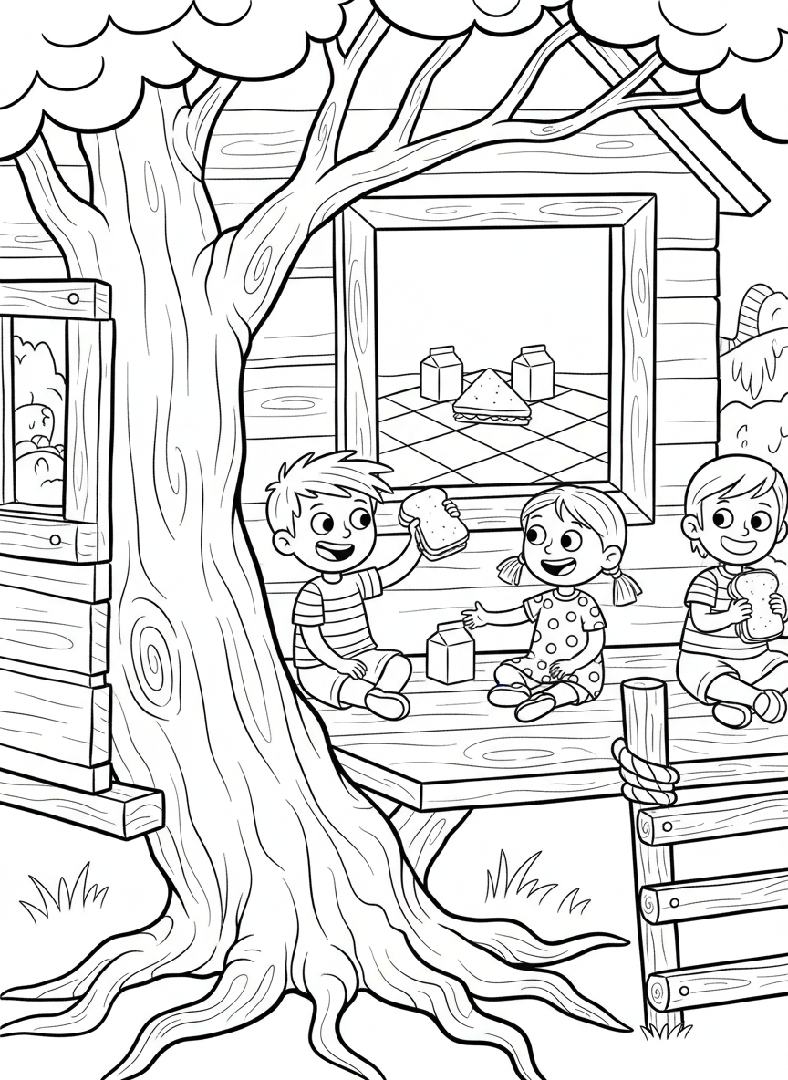 Children having a picnic inside a treehouse with sandwiches, juice boxes, and a checkered blanket visible through the window