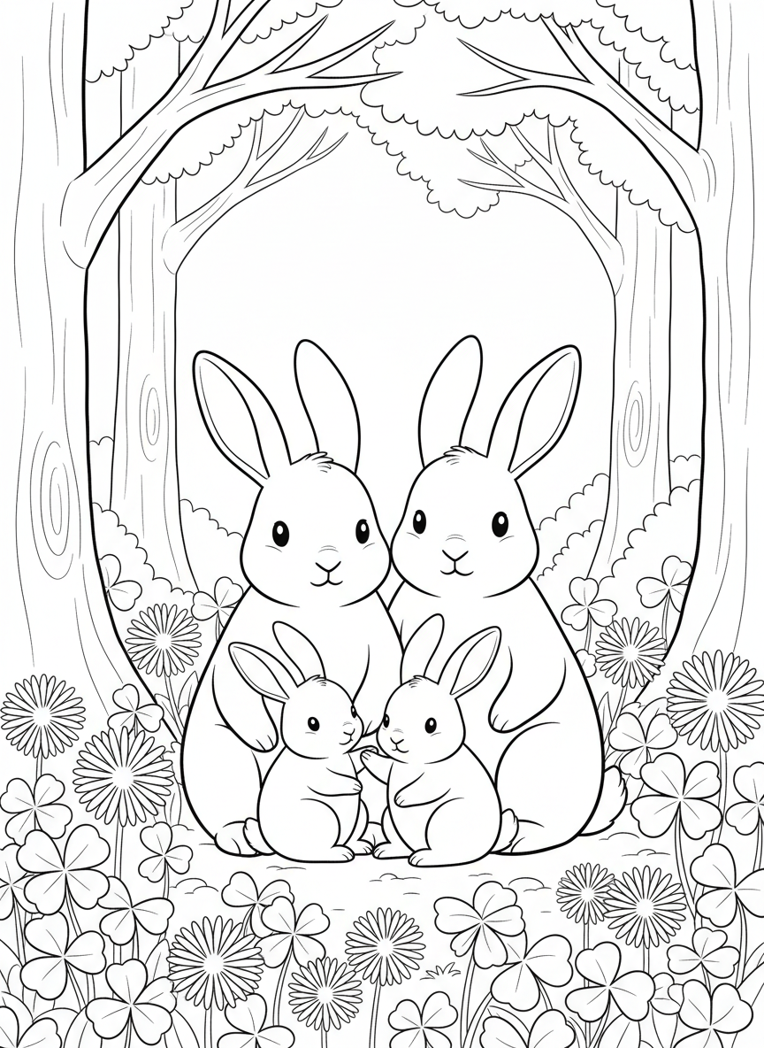 A rabbit family sitting together in a sunny forest clearing, with dandelions and clover around them.
