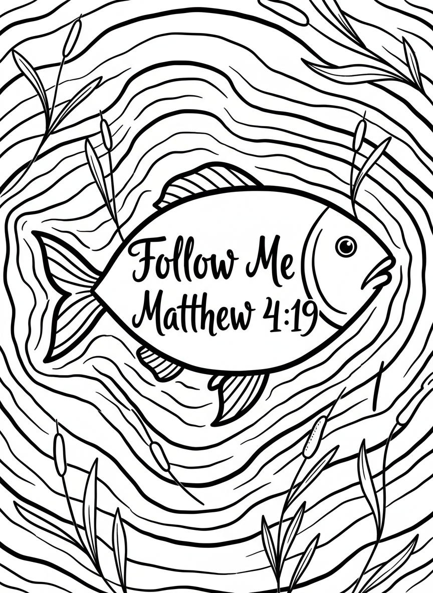 A simple fish symbol with water ripples and reeds, featuring the text 'Follow Me Matthew 4:19' in flowing script beneath