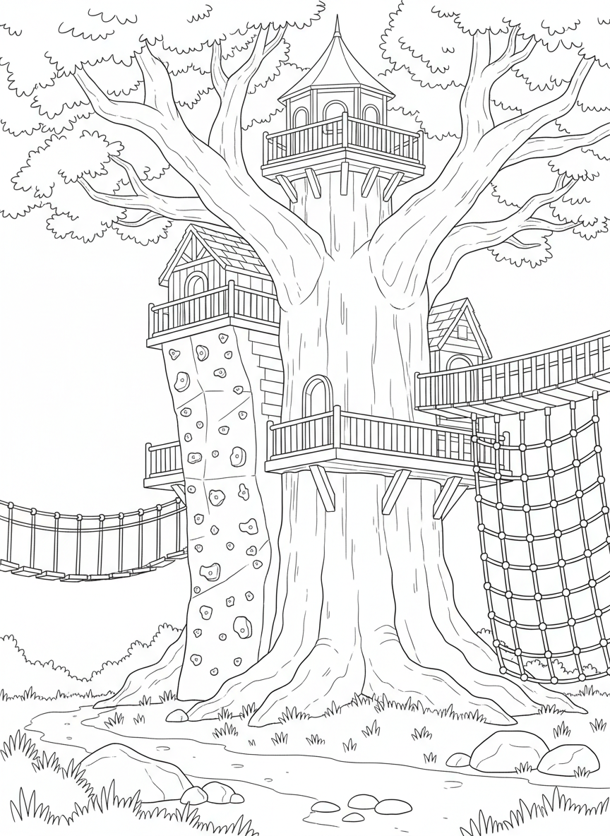 An adventure treehouse with a climbing wall on one side, rope net on another, and a lookout tower on top