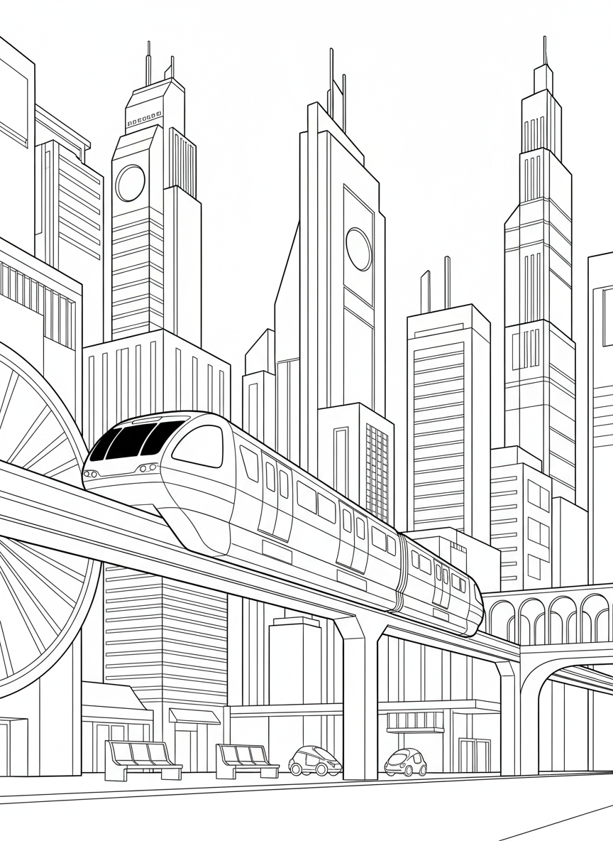 A monorail train gliding on an elevated track above a futuristic city with tall buildings below