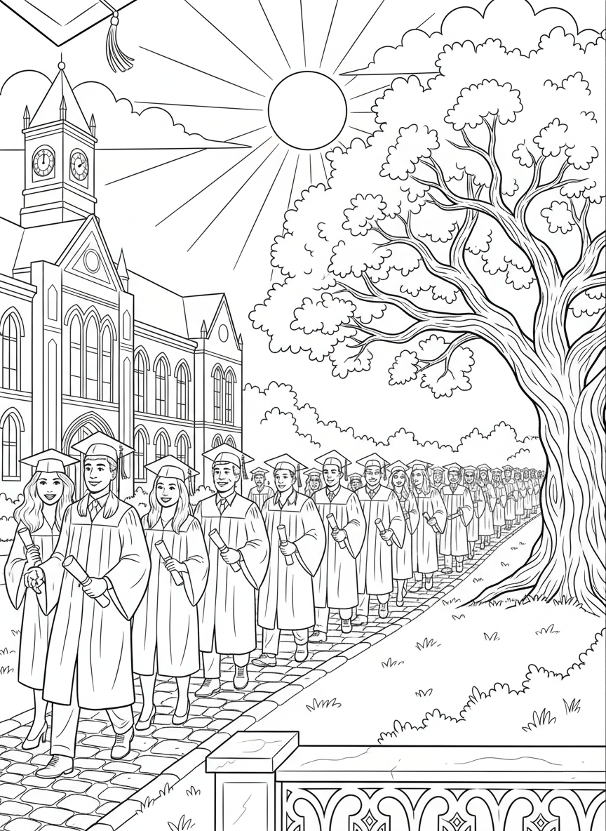 Graduation Day coloring page prompts celebrating achievement, ceremony, pride, and major life milestones.	A procession of graduates walking together, reflecting on years of hard work.