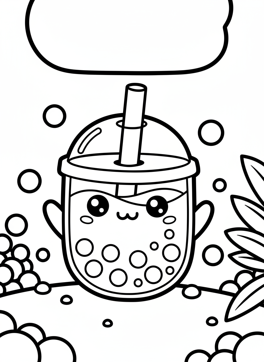 A kawaii-style bubble tea character with happy eyes and tiny arms holding a straw, surrounded by floating boba pearls