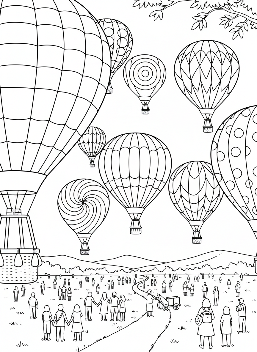 A hot air balloon festival scene with seven balloons of varying heights, each with different fun patterns filling the sky.