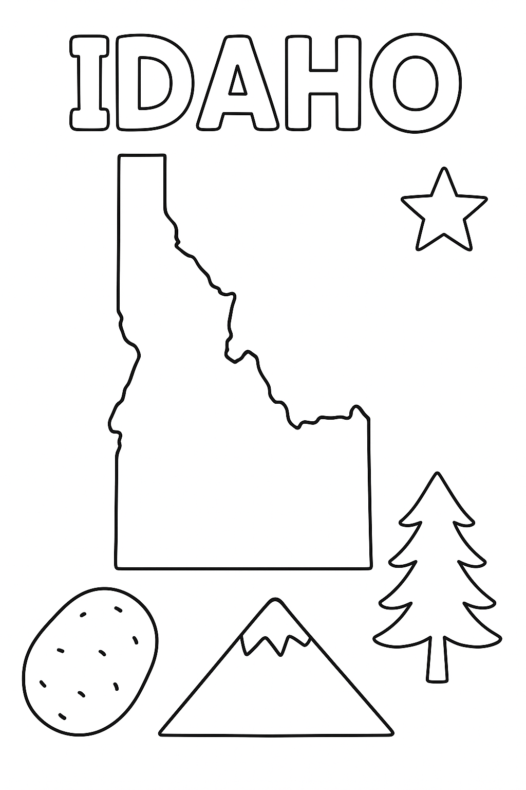 Write “Idaho” once at the top in outlined letters. Create a large, centered outline of the state. Add one potato, one mountain, one pine tree, and one star in corners.