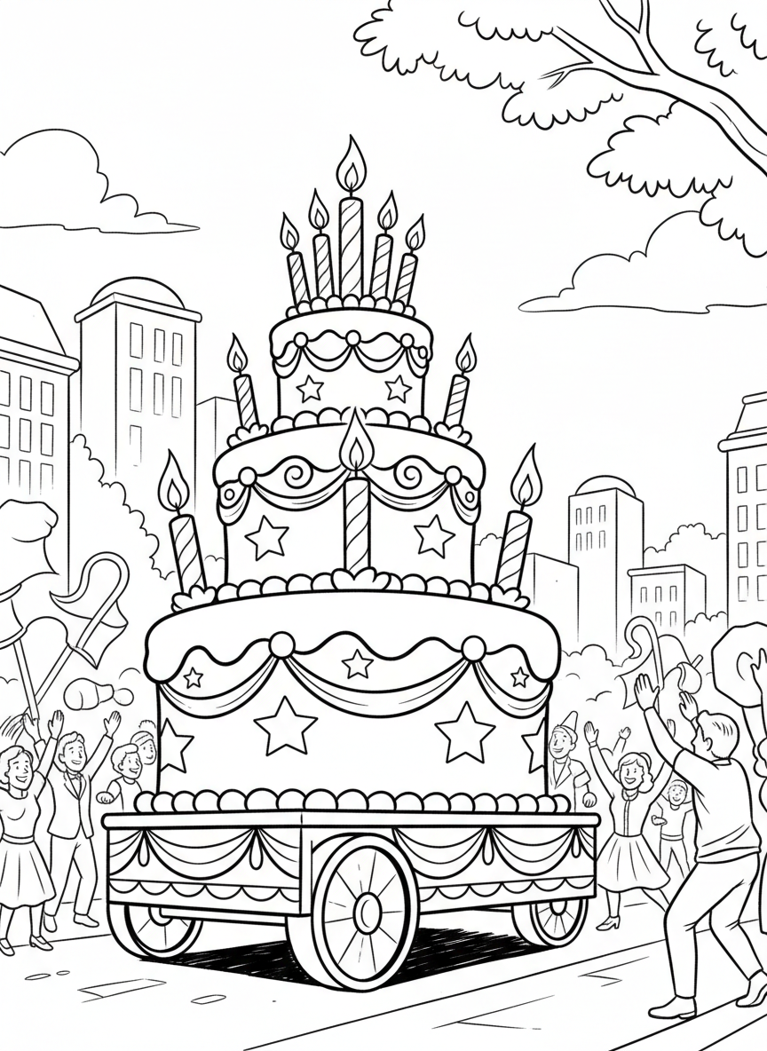 A large parade float shaped like a birthday cake with candles, decorated with ribbons and stars.