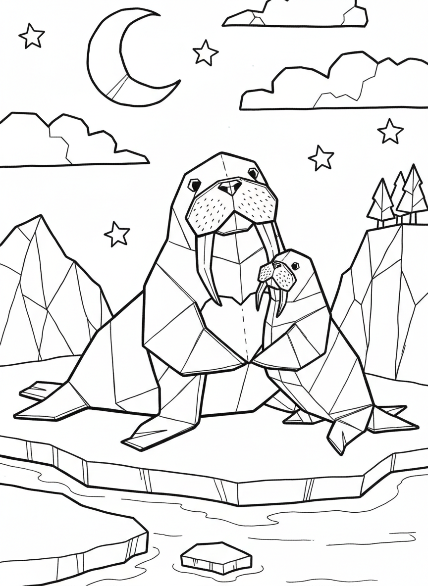 An origami walrus mother with baby, two different sized geometric figures showing family bond, simple and touching composition